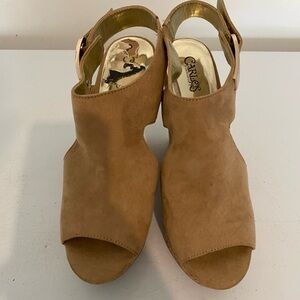 Carlos by Carlos Santana Tan Suede Slingback Peep-Toe Wedge Sandals